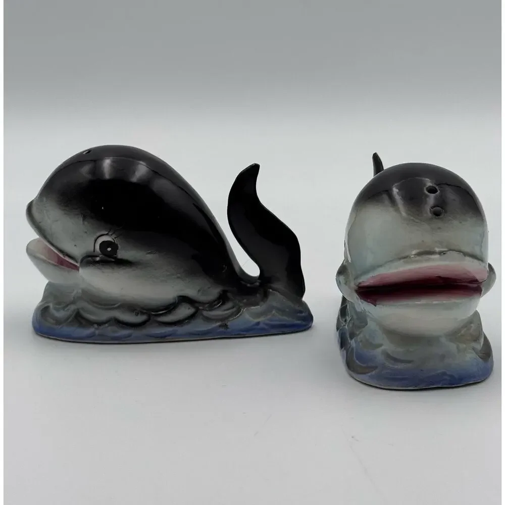 Vintage Anthropomorphic Whale Salt & Pepper Shaker Set Japan Ceramic